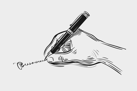 hand-drawn hand writes a pen on paper. vector illustrationのイラスト素材