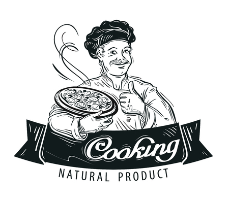 painted chef with pizza in hand isolated on white backgroundのイラスト素材