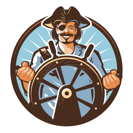 happy pirate and a steering wheel isolated on a white background.のイラスト素材
