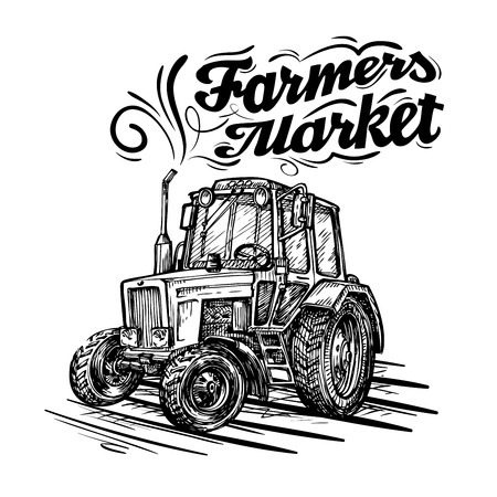 vector farm tractor hand drawn isolated on a white backgroundのイラスト素材