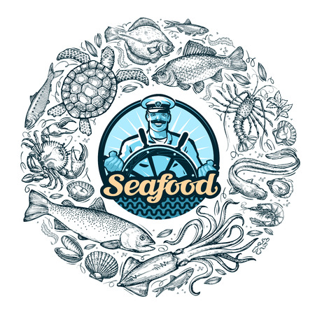 hand drawn seafood or food. vector illustrationのイラスト素材