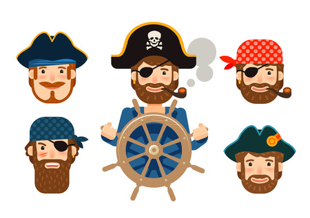 Pirate at the helm of ship. Corsair. Funny sailor. Cartoon flat designのイラスト素材