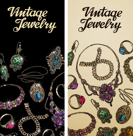 Vintage jewelry. Precious metal, gold, silver gems Vector illustrationのイラスト素材