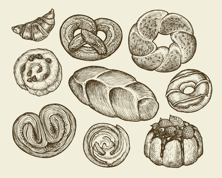 Hand drawn vintage breads, pastries. Pie, pasty, cake, loaf cookie croissant dessert Vector illustrationのイラスト素材