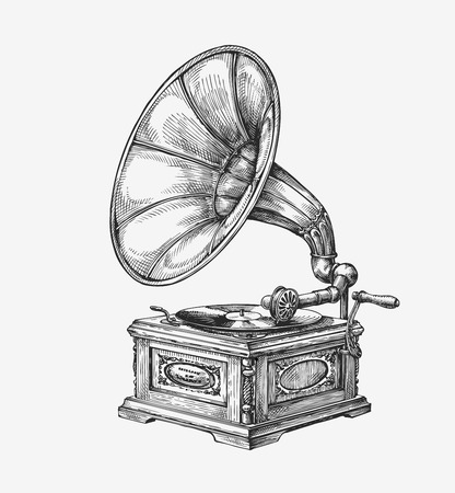 Hand drawn vintage gramophone. Sketch music. Vector illustrationのイラスト素材