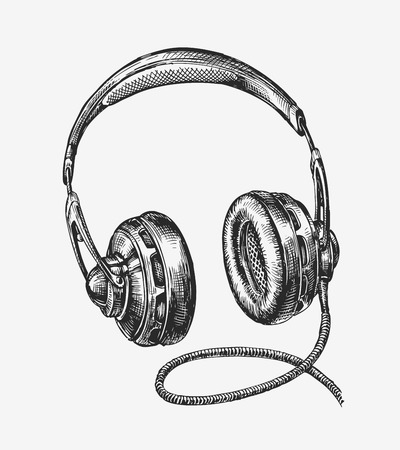 Hand drawn vintage headphones. Sketch music. Vector illustrationのイラスト素材