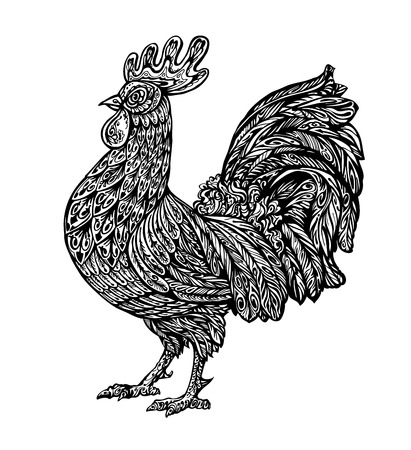 Hand drawn cockerel. Ethnic pattern. Vector illustrationのイラスト素材