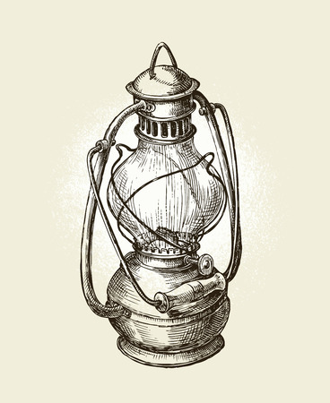 Hand drawn vintage kerosene lamp. Sketch oil lamp. Vector illustrationのイラスト素材