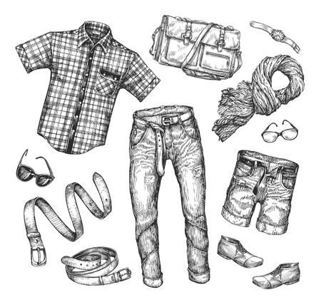 Fashion. Vector collection of men clothing. Hand drawn sketch shirt, jacket, shorts, shoes, boots, jeans, pants scarf belt glasses watches bagのイラスト素材