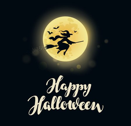 Halloween. Full moon witch flying on broom.のイラスト素材