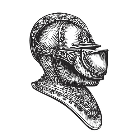 Knight helmet sketch. Vector illustration isolated on white backgroundのイラスト素材