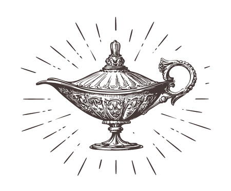 Aladdin magic or genie lamp. Vintage sketch vector illustration isolated on white backgroundのイラスト素材