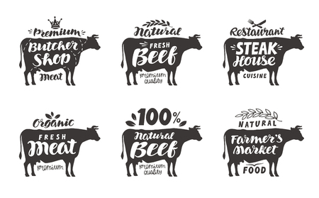 Cow. Vector set food labels, badges and icons. Lettering butcher shop, beef, steak house, meat, farmer s marketのイラスト素材