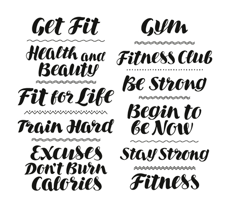 Fitness, gym, sport concept. Handwritten text, motivation. Lettering, calligraphy vector illustrationのイラスト素材