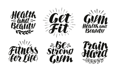 Gym or fitness, label. Sport icon set, symbol. Lettering, calligraphy vector illustrationのイラスト素材