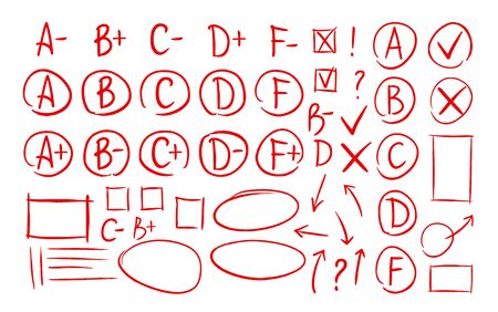 Hand drawn grade results, check marks set of icons. School, education, business symbol. Exam, examination, test vector illustrationのイラスト素材
