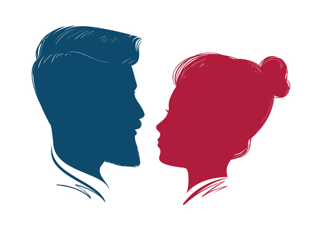 Portrait of man and woman. Head profile, silhouette. Wedding, love, people symbol. Hipster, vector illustrationのイラスト素材