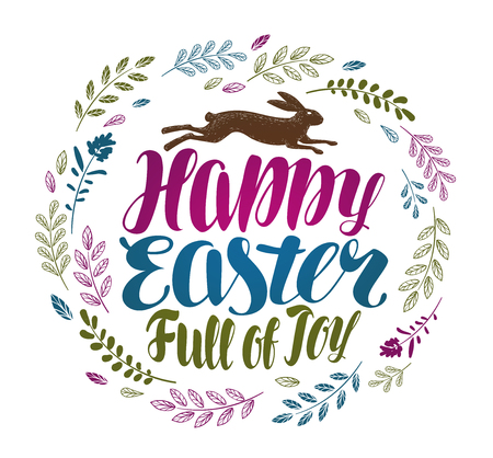 Happy Easter, greeting card. Beautiful handwritten lettering with floral ornament.のイラスト素材