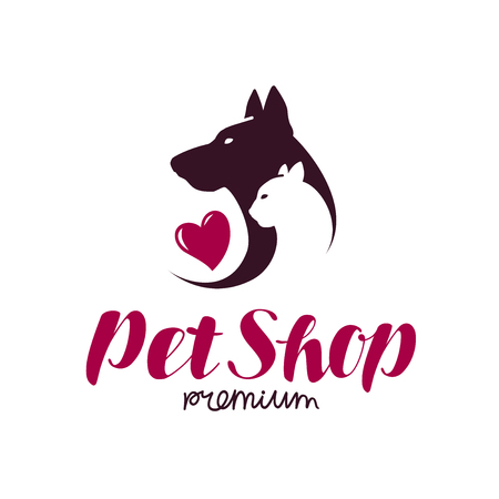 Pet shop or vet clinic logo. Animals, cat, dog icon or label. Lettering vector illustration isolated on white backgroundのイラスト素材
