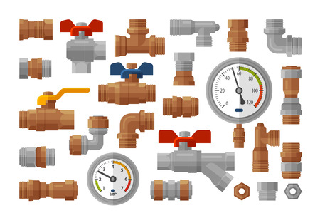 Sanitary engineering, plumbing equipment set icons. Manometer pressure, meter, industry, fittings, water supply concept. Vector illustrationのイラスト素材
