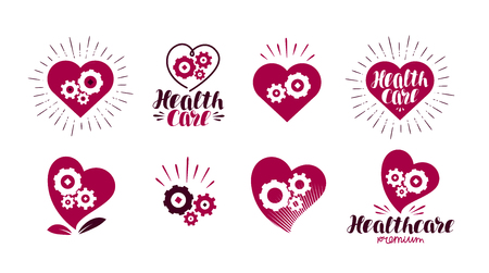 Health, healthcare logo. Heart, gears, vital energy icon or symbol. Label vector illustrationのイラスト素材