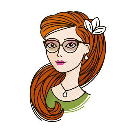 Portrait of beautiful young girl in glasses with long red hair. Cartoon vector illustrationのイラスト素材