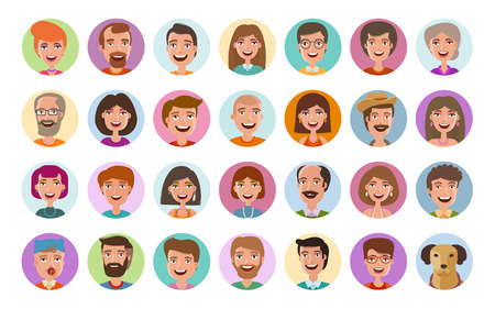 People icons set. Avatar profile, diverse faces, social network, chat symbol. Cartoon vector illustration flat styleのイラスト素材