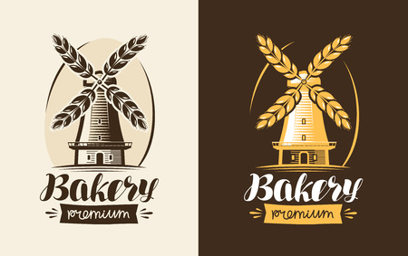 Bakery, bakehouse logo or label. Mill, windmill, wheat, bread icon. Lettering, calligraphy vector illustrationのイラスト素材