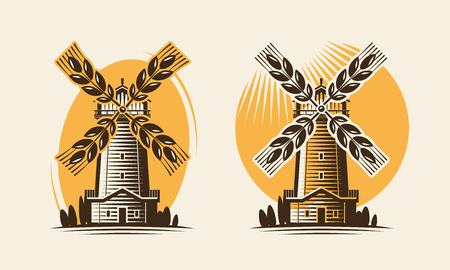 Mill, windmill and ear wheat. Bakery, farm, agricultural industry logo or icon. Vector illustrationのイラスト素材