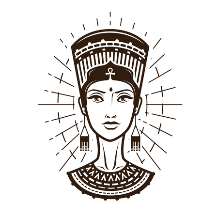 Portrait of beautiful young woman, girl in ethnic outfit. Egypt, Africa logo or label. Vintage vector illustrationのイラスト素材