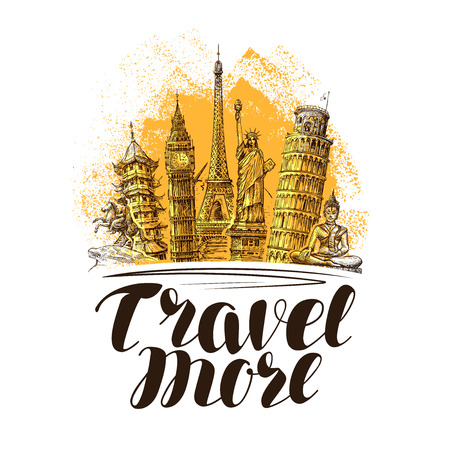Travel, journey banner. Famous world landmarks. Sketch vector illustrationのイラスト素材