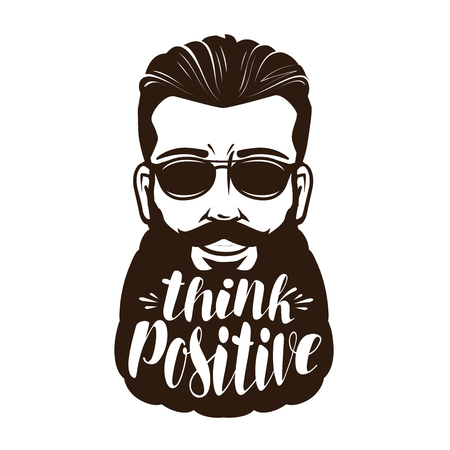 Portrait of happy bearded man or hipster. Think positive, lettering vector illustrationのイラスト素材
