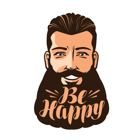 Be happy, lettering. Portrait of bearded man. Vector illustrationのイラスト素材