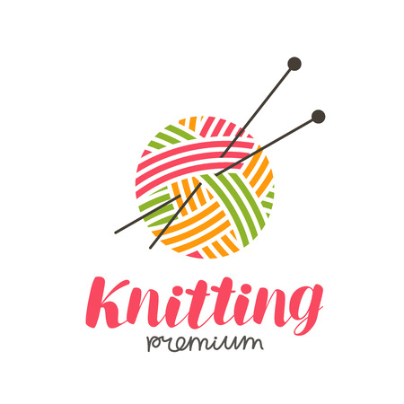 Knitting logo or label. Needlework, knit, ball of yarn and needles icon. Lettering vector illustrationのイラスト素材