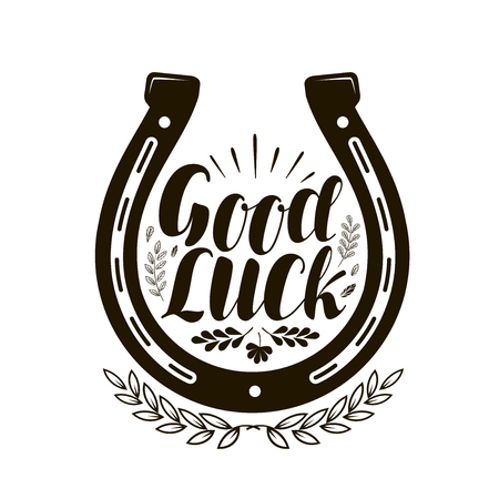 Horseshoe symbol or label with Good luck lettering.のイラスト素材