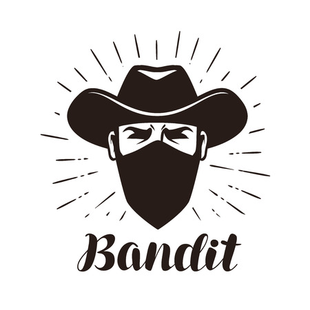 Angry bandit, gangster logo or label. Portrait of cowboy in mask. Lettering vector illustrationのイラスト素材