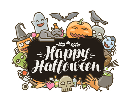Happy Halloween banner or greeting card. Holiday concept. Lettering vector illustrationのイラスト素材