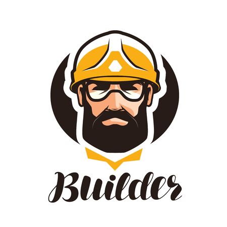 Builder, constructor logo. Industry, support, service, repair, overhaul icon or symbol. Portrait of worker in helmetのイラスト素材