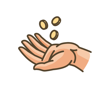 Hand and money or gold coins. Earnings, cash, profit, income icon. Vector illustrationのイラスト素材
