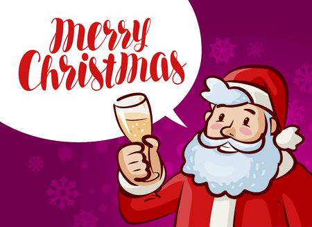 Merry Christmas greeting card. Jolly Santa Claus with glass of champagne in hand. Xmas, holiday banner. Vector cartoon illustrationのイラスト素材