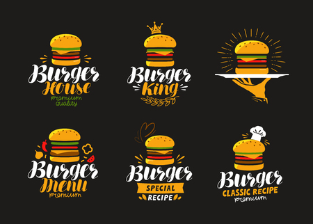 American food logo. Burger, cheeseburger, hamburger icon or label. Vector illustrationのイラスト素材