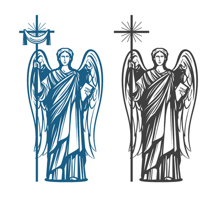 Angel, Archangel with wings. Bible, religion, belief, worship concept. Vintage sketch vector illustrationのイラスト素材