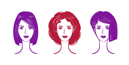 Hairdressing salon, makeup logo. Portrait of beautiful girl or young woman with trendy hairstyle. Vector illustrationのイラスト素材