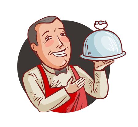 Happy waiter with tray in hand. Restaurant, eatery, food concept. Cartoon vector illustrationの写真素材