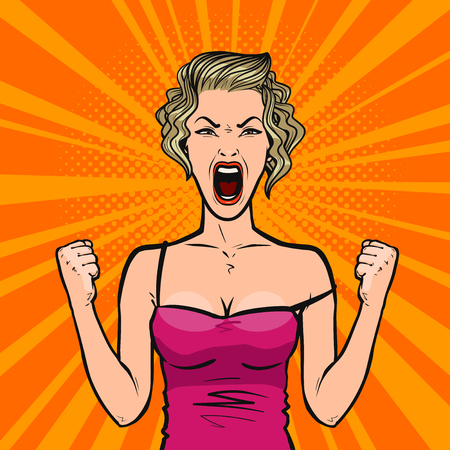 Girl screams loudly or young woman in rage in Pop art retro comic style cartoon vector illustration.のイラスト素材