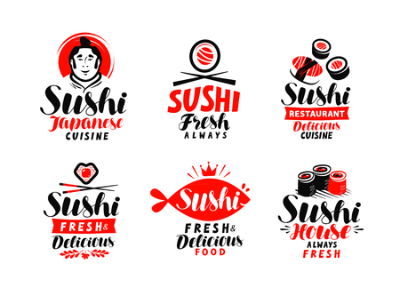 Sushi, Japanese cuisine logo or label. Set of elements for restaurant menu design. Vector illustrationのイラスト素材