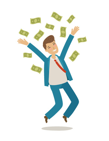 Successful businessman jumps and throws money. Business concept. Cartoon vector illustrationのイラスト素材
