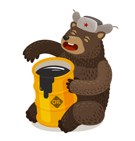 Funny Russian bear with barrel of oil. Cartoon vector illustrationのイラスト素材