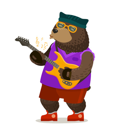 Bear playing electric guitar. Music, rock and roll, musical festival concept. Cartoon vector illustrationのイラスト素材