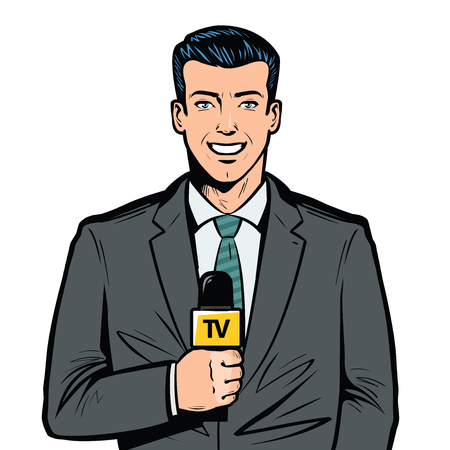 TV presenter with microphone in hand. Breaking news, broadcast concept. Pop art retro vectorのイラスト素材
